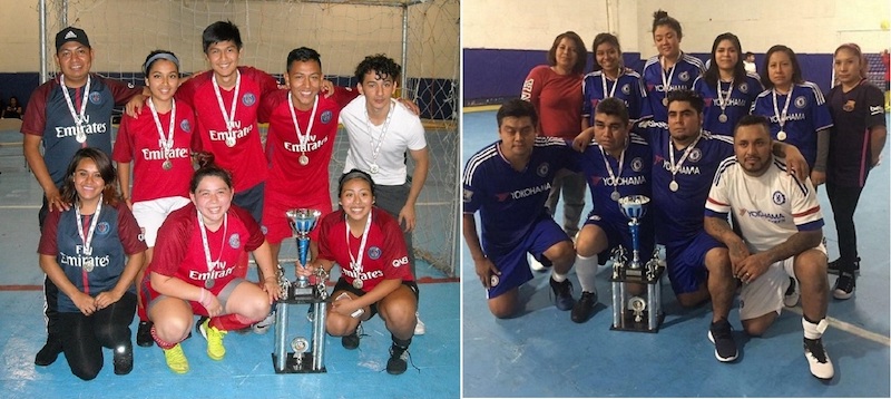 El sexteto del P.S.G. (i) que derrotó al Chelsea (d) para conquistar el primer título/campeonato categoría Mixta organizado por la Fair Play Soccer League o Liga Juego Limpio con su máximo dirigente Ivan Mendoza. (Fotos: Buki Chapin y FaPLaSoLe)