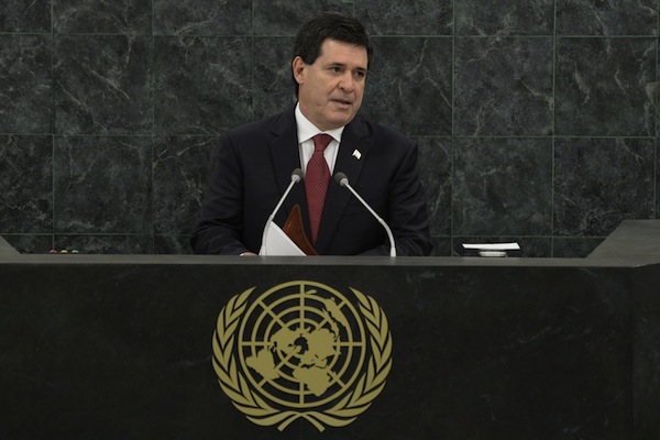 El presidente de Paraguay, Horacio Manuel Cartes Jara, interviene hoy, martes 24 de septiembre de 2013, durante el debate general de la 68 Asamblea General de Naciones Unidas en la sede de esta organización en Nueva York.