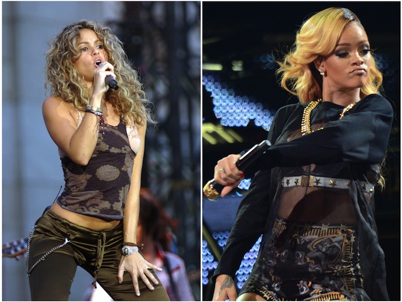 Combo de dos fotografías de la cantante colombiana Shakira, del 5 de junio de 2005 (i), durante una presentación en la Puerta de Alcalá en Madrid (España) y la cantante de Barbados Rihanna, del 9 de julio de 2013, durante un concierto en Viena (Austria).