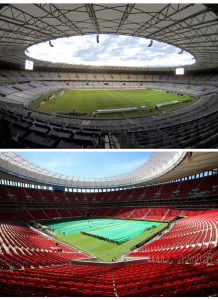 Imagen del estadio Mineirao de Belo Horizonte (arriba) y del estadio Nacional de Brasilia (abajo).