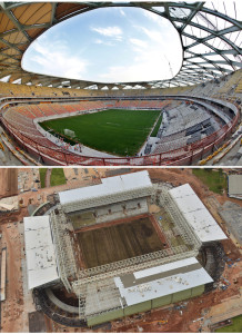 Arriba, imagen del interior del estadio Arena Amazonia de Manaos. Abajo, imagen área del Arena Pantanal de Cuiabá.