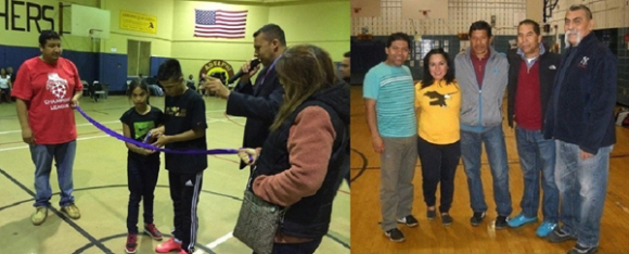 (Izquierda) Momentos cuando Alexander Jr. y Elizabeth Mejia, cortaban la cinta para declarar inaugurado el campeonato a la memoria de quien en vida fuera su padre Alex Mejia. Acompanados por Washington Diaz, máximo dirigente de la Brooklyn Champions League; Danna viuda de Mejia y Nelson Rubio "La Voz de Ronda Deportiva" con microfono en mano. (Cortesia Carlitos Nataren) (Derecha) Anderson Lopez, dirigente de la Central America Soccer League y MultiServicios Las Americas; Jeanette Martinez, líder del sexteto Aguilas Girls; Milton Valdes, técnico campeón del Corinto F.C.; Juan "Juancito" Lopez, presidente-fundador de la Central America Soccer League y Jose "Bigotes" Reyes, directivo de la C.A.S.L. (Foto Buki Chapin).