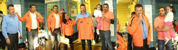 (Izquierda)  Momentos cuando Arlinton Echeverria presenta a Ismael "Mel Weson" Rodr&iacute;guez de "J&R" Restoration Development Inc. como auspiciador de Las Aguilas Girls.  (Centro) "Mel Weson" Rodr&iacute;guez mostrando la chumpa o jacket entregado por el equipo; lo acompa&ntilde;an Arlinton Echeverria, Jeannette Mart&iacute;nez la "Aguilucha Mayor" y Jose Luis "J.L." Mart&iacute;nez con microfono en mano.   (Derecha) Ismael "Mel Weson" Rodr&iacute;guez agradeciendo a los dirigenes de las Aguilas Girls. (Fotos Buki Chapin).