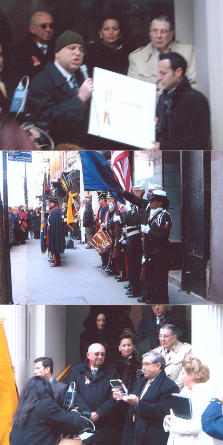 Composición de tres fotografías durante la octava Ceremonia realizada en el 2009. Se aprecia a los invitados y en la foto central a los miembros del Club Militar de Nueva York, quienes utilizando los uniformes de la misma época de Galo Plaza, realizaron un saludo militar en demostración del alto respeto hacia el líder internacional.