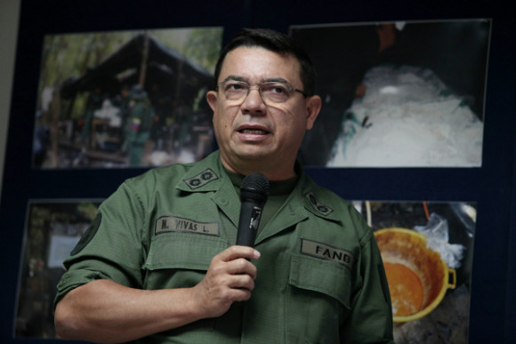 Miguel Alcides Vivas Landino, actual Inspector General de las Fuerzas Armadas Bolivarianas (FANB), en una rueda de prensa en la Oficina Nacional Antidrogas de Venezuela (ONA), Caracas, Venezuela. 