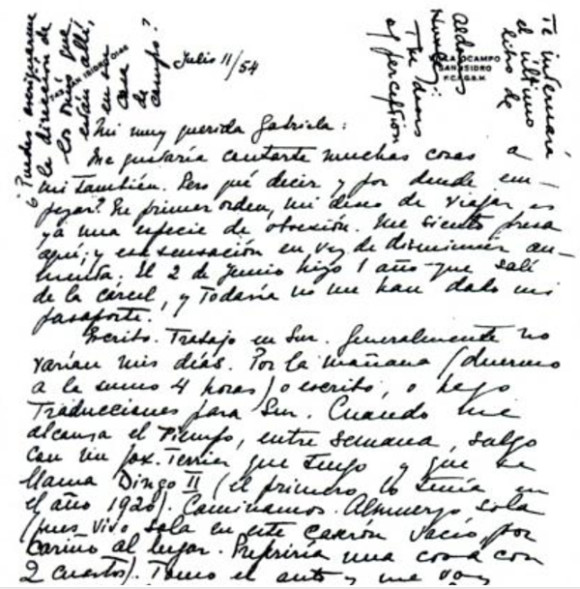 Fragmento de una carta de Victoria Ocampo a Gabriela Mistral del 11 de julio de 1954.