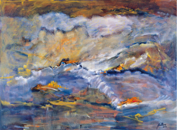 Cada creación es parte esencial de su ser interior, aquí su obra “Disyuntiva de Tiempos” (2002) 84” x 66”.
