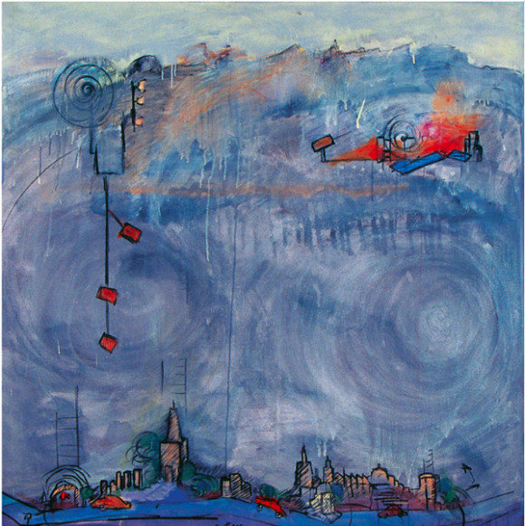 Como dice el Maestro Bottero sobre el sentimiento cosmopolita de sus obras: “para inspirar a toda la humanidad a unirse y participar en nuestra propia evolución”. Aquí “La Ciudad de Donde Vayas” (2000) 50” x 60”