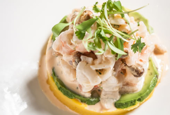 La famosa causa peruana es un plato tradicional que se sirve fr&iacute;o y es preparado a base de papa, incluye al aguacate o palta que adem&aacute;s de su exquisito e inigualable sabor, se caracteriza por su hermoso color verde. Este es un dise&ntilde;o de los Chefs Torres del restaurante Raymi de Manhattan.