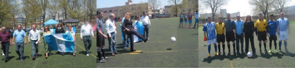 Momentos cuando la Licenciada Myriam de la Roca, C&oacute;nsul General de Guatemala en Nueva York, ingresaba a la cancha de juego, acompa&ntilde;ada por Faustino "Chivo" Morales, Anibal Ochoa, Waldemar Ceballos, Mirza Porras, Betty S&aacute;nchez y Marvin Estrada. (Izquierda).   La Sra. C&oacute;nsul realizando el saque de honor o patada inicial. (Fotograf&iacute;a Centro).  Posando para la gr&aacute;fica del recuerdo con la Licenciada Myriam de la Roca, Anibal Ochoa, los capitanes del Real Espa&ntilde;a y Real Guadalupe y la terna arbitral. (Derecha)(Fotos: Buki Chapin).  