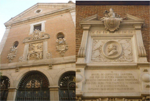 Fachada del Convento de las Trinitarias y placa de Cervantes en Madrid.