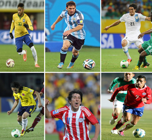 Combo de fotografías de archivo de, izquierda a derecha, arriba, Neymar de la selección Brasil; Lionel Messi de Argentina; Edinson Cavani de Uruguay; de izquierda a derecha, abajo, Radamel Falcao García de Colombia; Edgar Benítez de Paraguay y Alexis Sánchez de Chile. Todos ellos protagonistas de la Copa América 2015.