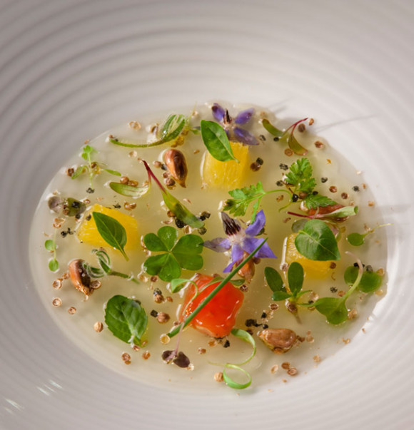 Gel de tomate verde receta del Chef Alex Atala del restaurante DOM en Sao Paulo, contiene maíz tostado y flores comestibles.