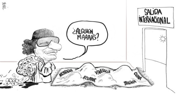 Soci&oacute;logo y caricaturista Bonil expresa mensajes directos en sus caricaturas publicadas en El Universo de Guayaquil, como esta de Gadafi con su herencia en Latinoam&eacute;rica.