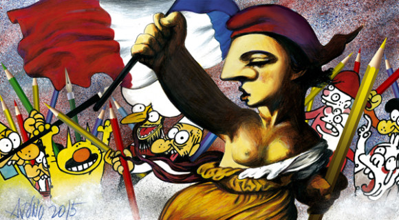 El famoso caricaturista portugu&eacute;s Antonio Antunes, luego del asesinato a Charlie Hebdo realiz&oacute; este maravilloso trabajo en el que combina s&iacute;mbolos pict&oacute;ricos del arte universal e ic&oacute;nos de la Revoluci&oacute;n Francesa, la Libertad con un l&aacute;piz en la mano.