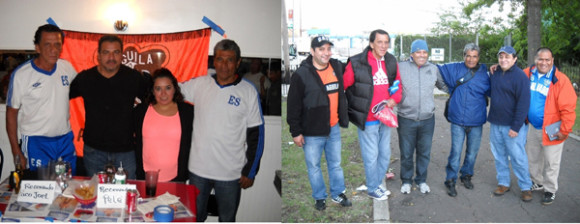 En la izquierda, Francisco "El Kaiser" Jovel, ex-mundialista salvadoreño de España 82; "Chepe" Luis Martínez, reconocido referi en el fútbol newyorkino; Jeannette Martínez "La Aguilucha Mayor", máxima dirigente de Las Aguilas Girls, este año en el indoor tendrá al Aguilas Boys y Baltazar "El Pele" Zapata, también ex-mundialista salvadoreño de España 82, compartiendo en el Usuluteco restaurante en Brooklyn. A la derecha, Armando Villatoro, Francisco "El Kaiser" Jovel, Abilio "Burro" Benitez, Marco Tulio Granados y Jose Daniel Menjivar. (Fotos: Buki Chapin).
