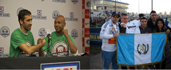 A la izquierda, Raúl Gonzalez y Marcos Senna, del NY Cosmos, quienes se despidieron del fútbol activo, en la gran final de la NASL. A la derecha, la fanaticada guatemalteca seguidores de Raúl y el Cosmos, también dijeron presente en la gran final del NY Cosmos contra Ottwa Fury F.C.