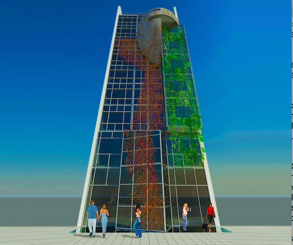 La cabeza emblemática como fachada frontal del edificio, es una escultura monumental de fundición de aluminio cuya altura total es de 20 metros y aproximadamente una tonelada de peso, que hará del edificio, un gigantesco ícono o “Faro de la Cultura”.
