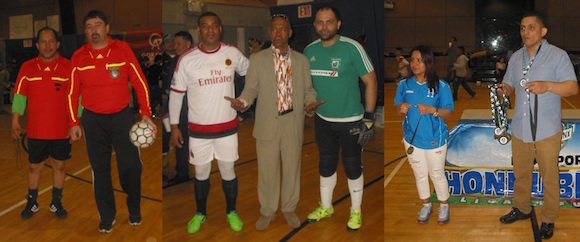 (Izquierda) Leo Loor y Ariel Fernandez, el Binomio de referis que dirigen en la Liga Sport HonduBronx. (Centro) El Profesor Richard Pinto, invitado de honor en la gran final de la Liga HonduBronx, flanqueado por los capitanes del Sula F.C. y el Limenos. (Derecha) Los esposos Vera Zambrano y Javier Chavez, fundadores y máximos dirigentes de la Liga Sport HonduBronx. (Fotos Buki Chapin)