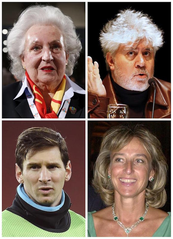 De izquierda a derecha y de arriba a abajo: Pilar de Borb&oacute;n, hermana del rey Juan Carlos, el director de cine Pedro Almod&oacute;var y su hermano,el f&uacute;tbolista Lionel Messi, o Micaela Domeq Beaumont, miembro de la familia Domecq , son algunos de los espa&ntilde;oles cuyo nombre ha trascendido en relaci&oacute;n con los denominados "papeles de Panam&aacute;" sobre empresas opacas, divulgados por el Consorcio Internacional de Periodistas de Investigaci&oacute;n