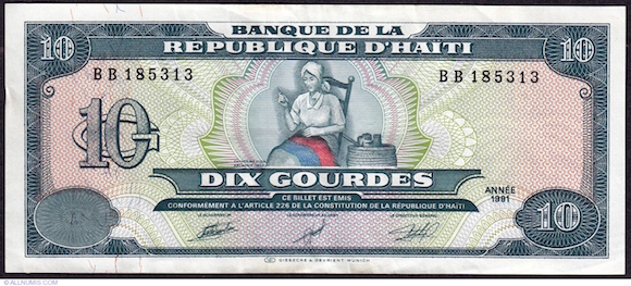 La imagen de Catherine Flon cosiendo la bandera nacional en 1803 se encuentra en los billetes de 10 gourdes emitidos en Haití desde el 2000.