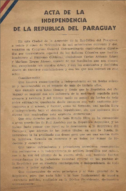 La proclama definitiva de la Independencia Paraguaya de 1842, fue enviada a Argentina, Brasil y Bolivia, esta &uacute;ltima fue la primera en reconocer la independencia paraguaya.