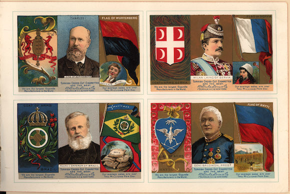 En un anuncio publicitario estadounidense de 1888 de la empresa de cigarrillos W. Duke Sons aparece la bandera de Haití en la parte inferior derecha con la imagen delPresidente haitiano Salomon.