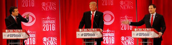 Foto de archivo donde muestra a Donald Trump (C) escucha al senador de de Texas Ted Cruz (I) y el senador de Florida, Marco Rubio (D) hablar durante el debate presidencial.