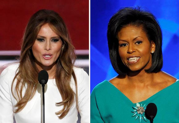 Como fotográfico que muestra a la esposa de Donald Trump, Melania Trump (i), y a la primera dama estadounidense, Michelle Obama, durante sus discursos en en el pleno de la Convención Nacional Republicana en Cleveland (EEUU) el 18 de julio de 2016, y en la Convención Nacional Demócrata de Denver (EEUU), el 25 de agosto de 2008, respectivamente. El discurso pronunciado ayer, 18 de julio de 2016, por Melania Trump en el pleno de la Convención Nacional Republicana guardó tales similitudes con uno de Michelle Obama en 2008 que algunos medios estadounidenses acusaron de "plagio" a la esposa del candidato republicano a la presidencia estadounidense.