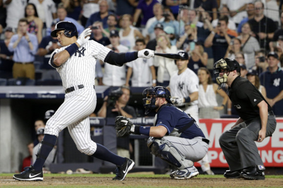 Alex Rodr&iacute;guez durante su &uacute;ltimo bateo como jugador de los Yankees. 