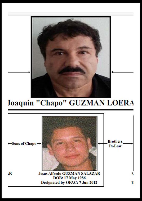 Imagen cedida hoy, martes 16 de agosto de 2016, de un cartel emitido por el Departamento del Tesoro de Estados Unidos, del narcotraficante M&eacute;xicano Joaqu&iacute;n "Chapo" Guzm&aacute;n (arriba) y uno de sus hijos, Jes&uacute;s Alfredo Guzm&aacute;n Salazar (abajo). El fiscal general de Jalisco (M&eacute;xico) Jos&eacute; Eduardo Almaguer Ramirez dijo durante una rueda de prensa en la ciudad de Puerto Vallarta (M&eacute;xico), que Jes&uacute;s Alfredo Guzm&aacute;n Salazar, hijo del narcotraficante Joaqu&iacute;n "el Chapo" Guzm&aacute;n, es uno de los seis hombres secuestrados la madrugada del lunes en un lujoso restaurante de Puerto Vallarta.