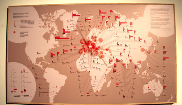El mapa en el que se aprecian los lugares donde se han realizado traducciones de El Quijote a lo largo de la historia en todo el 