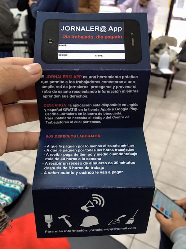 Como se ve en la gr&aacute;fica promocional de la aplicaci&oacute;n para celular, esta e una herramienta que permite a los trabajadores conectarse a una red de jornaleros para protegerse y prevenir el robo de su salario.