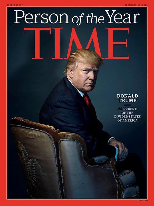 Fotografía facilitada por la revista Time que muestra al presidente electo de Estados Unidos, Donald Trump, en la portada de su número 19 del mes diciembre en Nueva York.