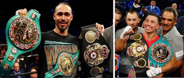(Izquiera) Keith "One Time" Thruman mostrando los títulos unficados peso Welter, tras vencer a Danny Garcia en Brooklyn. (Derecha) Gennady “GGG” Golovkin vuelve al Madison Square Garden el sábado 18 de Marzo, enfrentado a Daniel “Miracle Man” Jacobs. (Fotos: Getty Images)