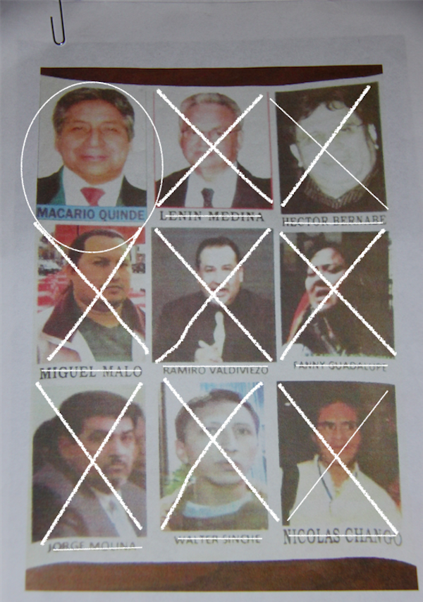 Lista que se encontró en el buzón de correo de un dentista ecuatoriano, en la que se incluyó a Macario Quinde con foto y nombre, como parte de lo que afirma ha sido una campaña por parte de simpatizantes de Alianza País, en contra de quienes han criticado al régimen de Rafael Correa.