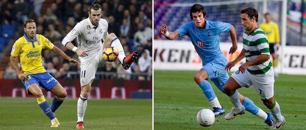 El gal&Egrave;s Gareth Bale, a la derecha en una imagen de 2008 con el Tottenham de Londres y a la izquierda con su actual club, el Real Madrid.