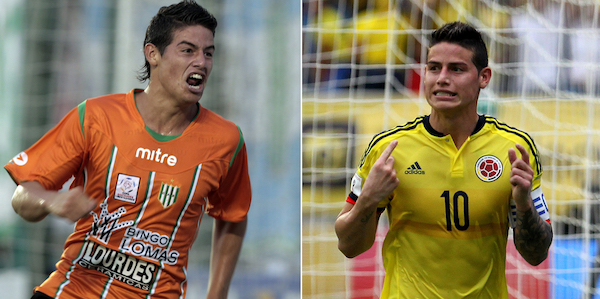 El &Igrave;dolo colombiano James Rodr&Igrave;guez, a la izquierda con la camiseta del Banfield argentino en 2010 y actualmente con la selecci&Ucirc;n de Colombia.