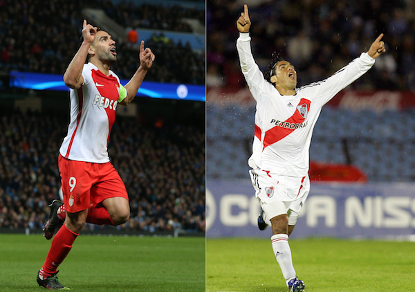 El "Tigre" Falcao, a la izquierda con su club actual, el M&Ucirc;naco, y a la derecha en su etapa en River Plate de Argentina.