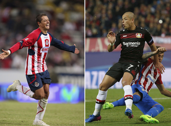 El &Igrave;dolo mexicano Javier Hern&middot;ndez "Chicharito". A la izquierda en su etapa en Chivas en 2009, y actualmente en el Bayer Leverkusen.