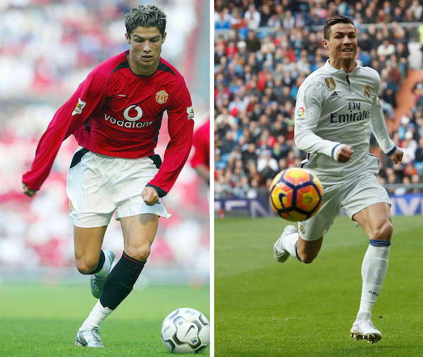 Cristiano Ronaldo en sus inicios con el Manchester United y actualmente con el Real Madrid.