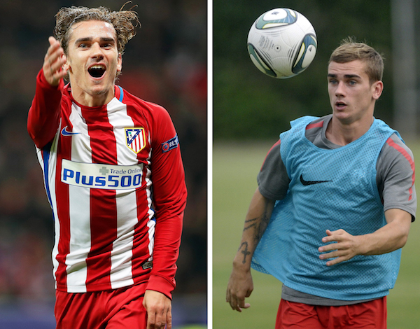 El franc&Egrave;s Antoine Griezmann, a la izquierda con su actual club, el Atl&Egrave;tico de Madrid, y a la derecha en un entrenamiento con la selecci&Ucirc;n francesa sub&yen;20 en 2011.