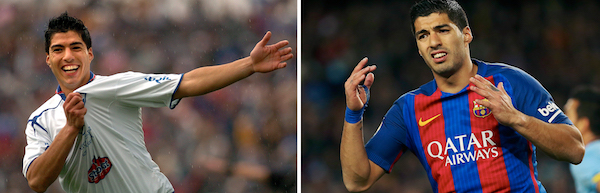 El uruguayo Luis Su&middot;rez, con la camiseta de Nacional de Montevideo en 2006 y con su actual club, el Barcelona, en 2017.