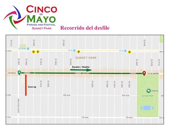 Como indica la gr&aacute;fica, el Desfile del 5 de Mayo en Sunset Park Brooklyn, que se realizar&aacute; el domingo 7 de mayo a partir del mediod&iacute;a, iniciar&aacute; en la calle 60 hasta la calle 43 sobre la Quinta Avenida. Al finalizar el mismo iniciar&aacute; el Festival en el Sunset Park. Son eventos gratuitos y abiertos al p&uacute;blico, que cuenta con el respaldo de las principales autoridades de la Ciudad. 