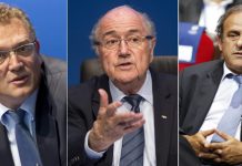 Combo de fotografías que muestra (de izda a dcha) al secretario general de la FIFA, Jerome Valcke, al presidente de la FIFA, Joseph Blatter, y al vicepresidente de la FIFA y presidente de la UEFA, Michel Platini.