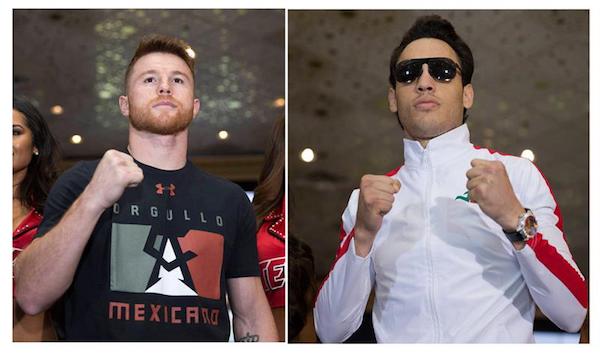 Combo de fotografías cedidas hoy, miércoles 3 de mayo de 2017, por la promotora Promociones del Pueblo, de los boxeadores mexicanos Saúl "Canelo" Álvarez (i) y Julio César Chávez Jr. (d), previo a su combate del próximo sábado.