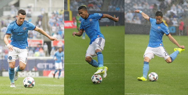 Desde la izquierda, el mediocampista Jack Harrison, el venezolano mundialista sub-20, Yangel Herrera y el defensa Ben Sweat, todos de las filas del New York City F.C., gracias a ellos el conjunto newyorkino ganó el primer Derby del rio Hudson en la MLS. (Fotos Cortesía Cathy Lojo)