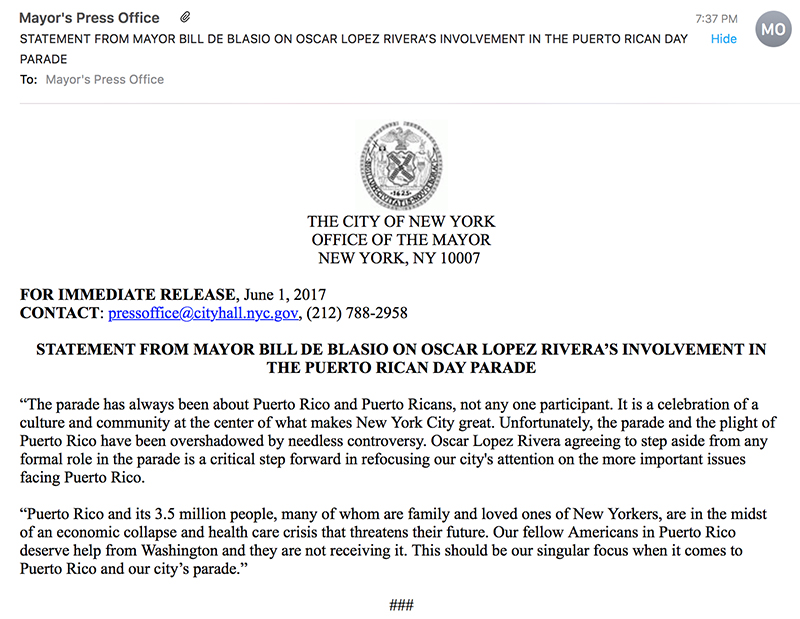 Copia del comunicado de prensa que recibimos de parte del alcalde Bill de Blasio. 