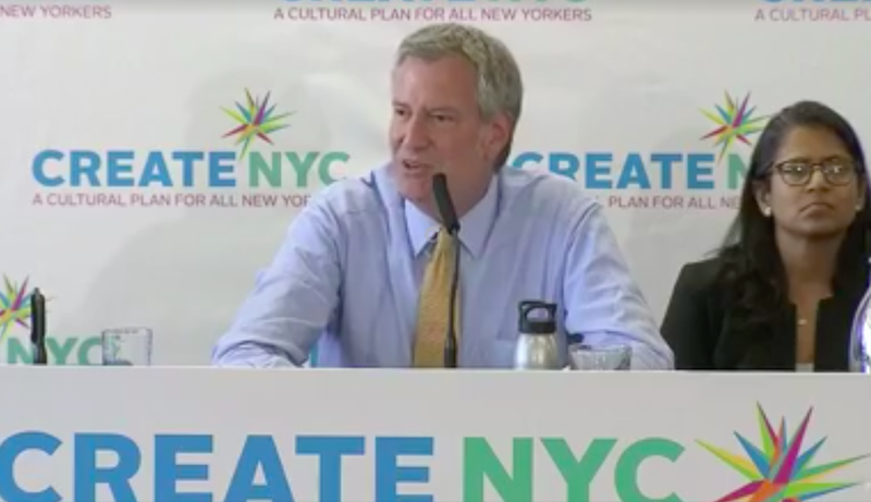 El alcalde de Nueva York, Bill de Blasio, anuncia CreateNYC, un plan cultural para todos los neoyorquinos.