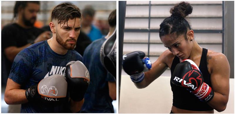 Combo de dos fotograf&iacute;as del 18 de julio de 2017 de los boxeadores puertorrique&ntilde;os Jeyvier Cintr&oacute;n (i) y Amanda Serrano durante un entrenamiento en el gimnasio F&eacute;lix Pag&aacute;n Pintor del Barrio Amelia en Guaynabo (Puerto Rico).